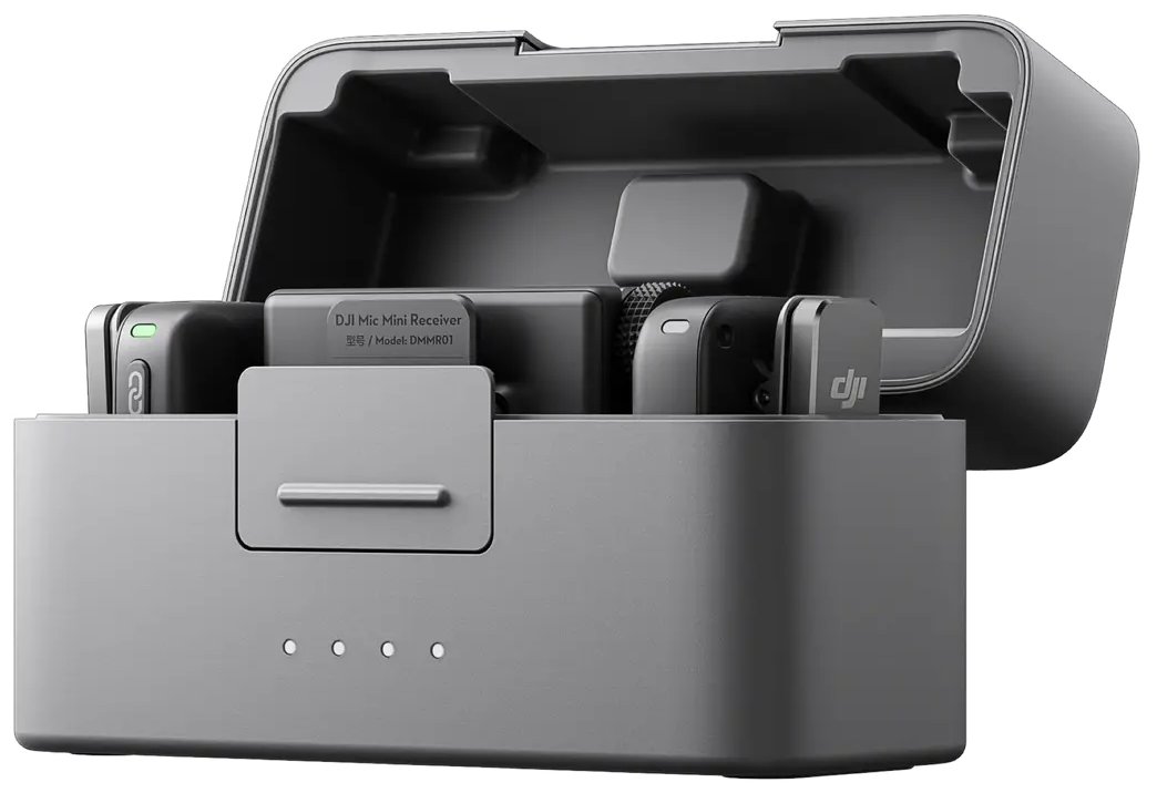 DJI Mic Mini charging case holding two wireless transmitters and a receiver